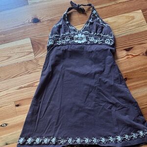Prana Chocolate Brown Halter Sundress with Floral Embroidery- medium